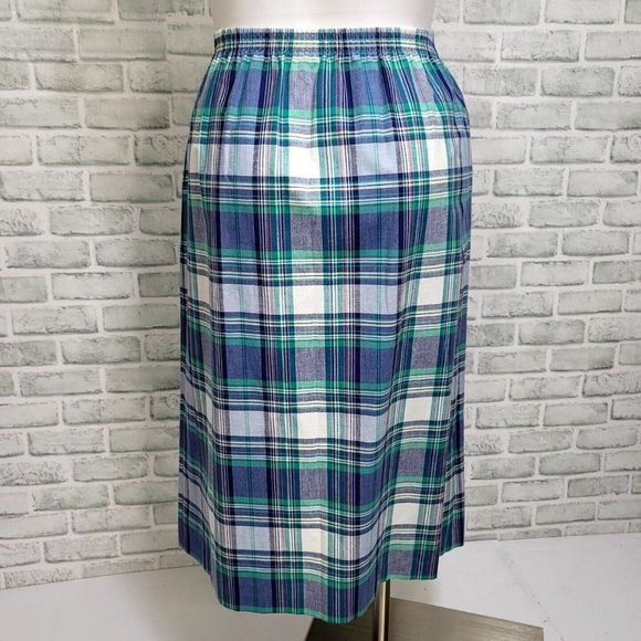 Vintage 80s Alfred Dunner M/L Blue Green White Plaid Button Front Midi Skirt USA - Picture 5 of 7